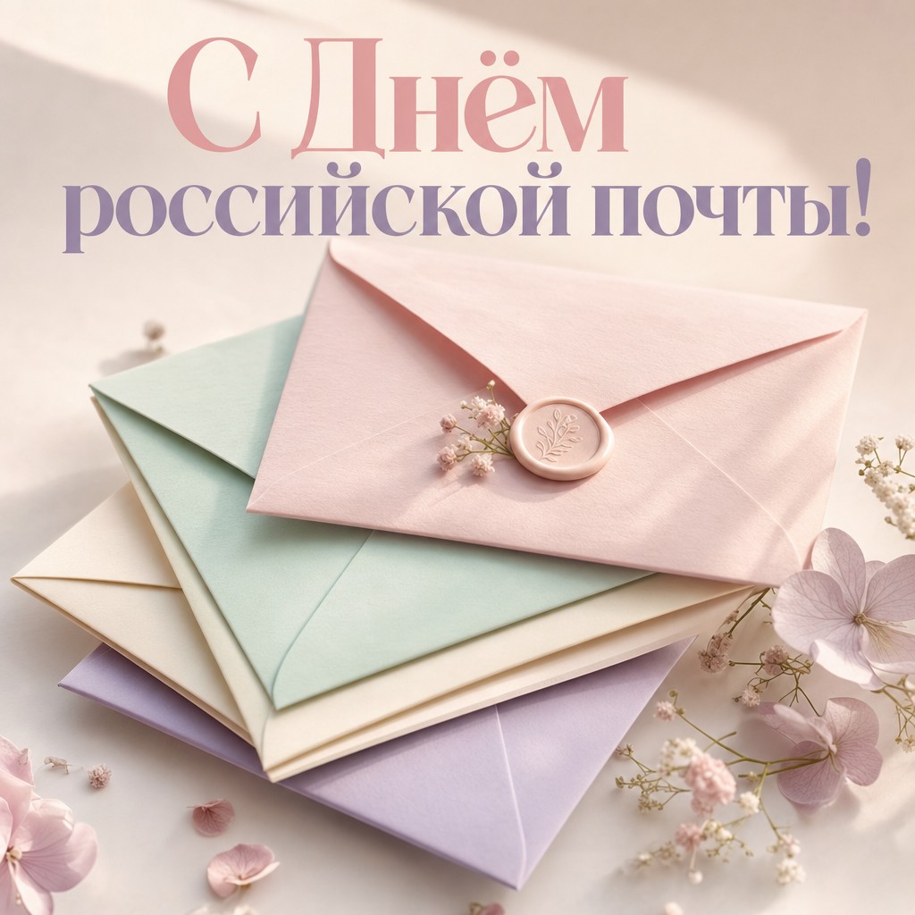 Нежная пастельная открытка ко Дню российской почты со стопкой стильных конвертов.