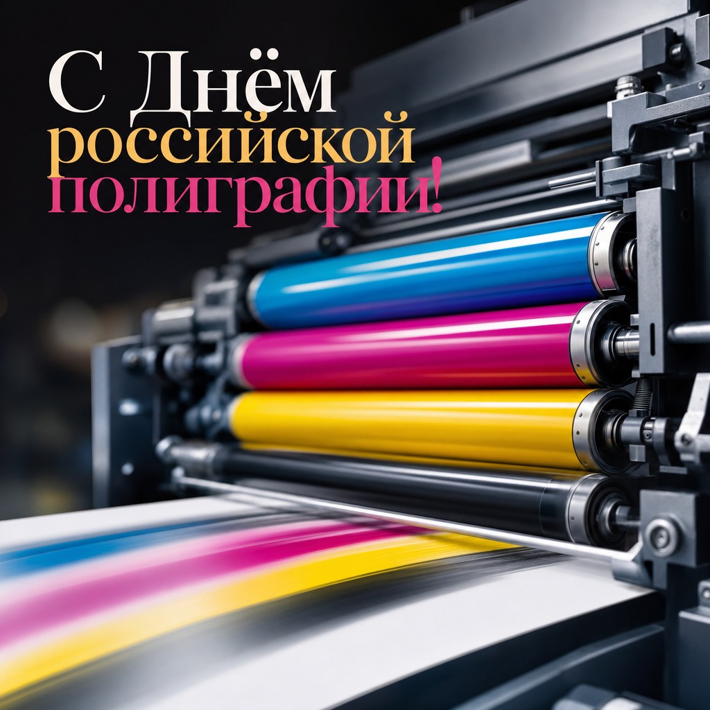 Стильная открытка ко Дню российской полиграфии с офсетными валами, бумагой и яркими красками CMYK.