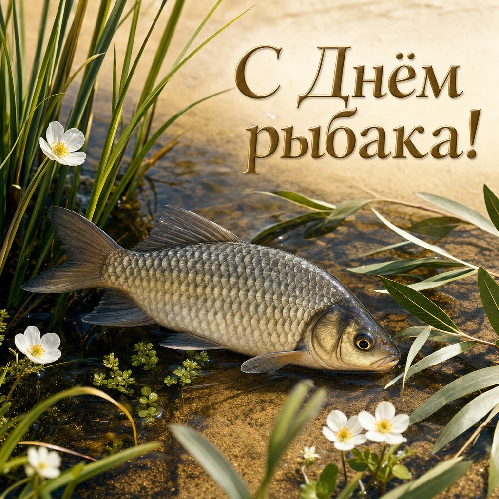 Утончённая открытка ко Дню рыбака с карасём, камышами и реалистичными речными цветами.