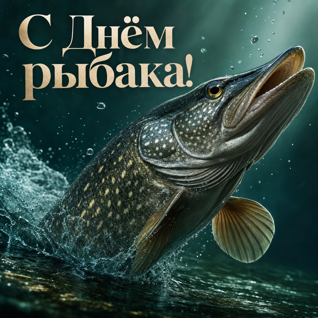 Эффектная открытка ко Дню рыбака с трофейной щукой в изумрудной воде и драматичным светом.