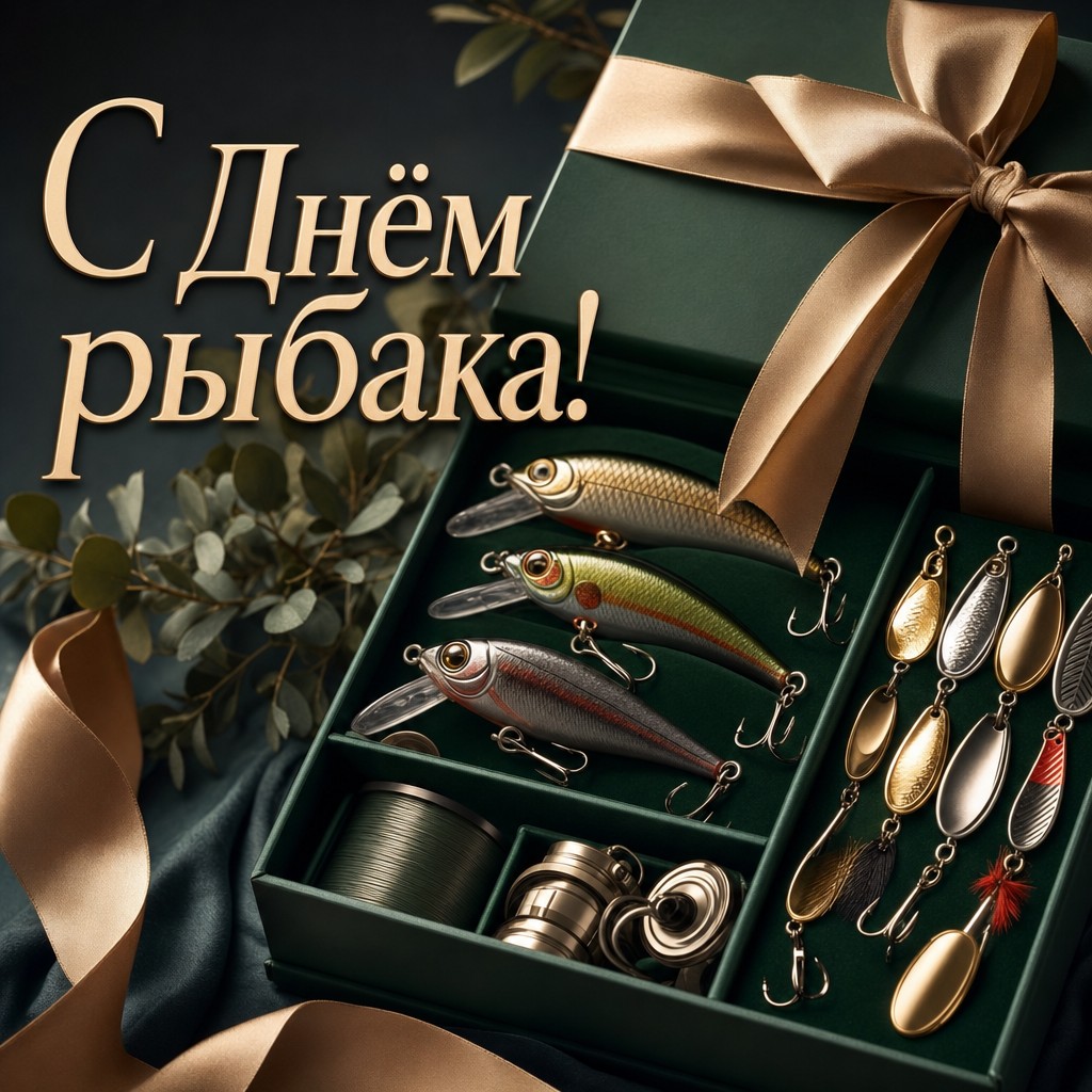 Премиальная открытка ко Дню рыбака с подарочной коробкой, блёснами и элегантной зелёно-серебряной палитрой.