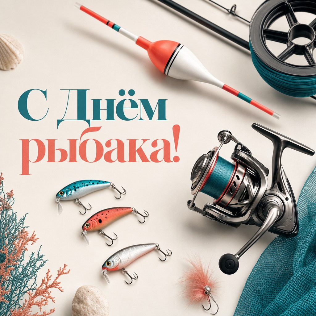 Современная открытка ко Дню рыбака с аккуратной раскладкой снастей, поплавком, катушкой и блёснами.