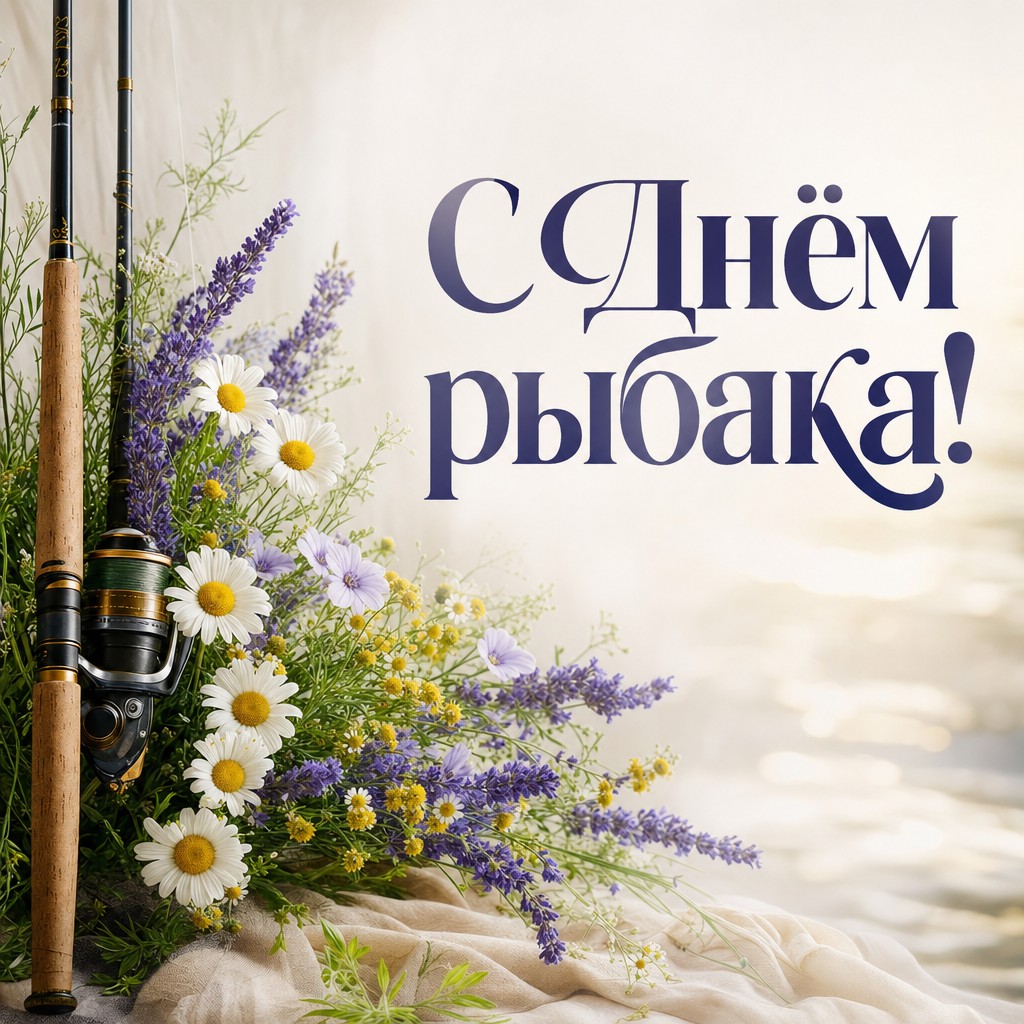 Элегантная открытка ко Дню рыбака с удочкой и нежным букетом полевых цветов в светлой палитре.