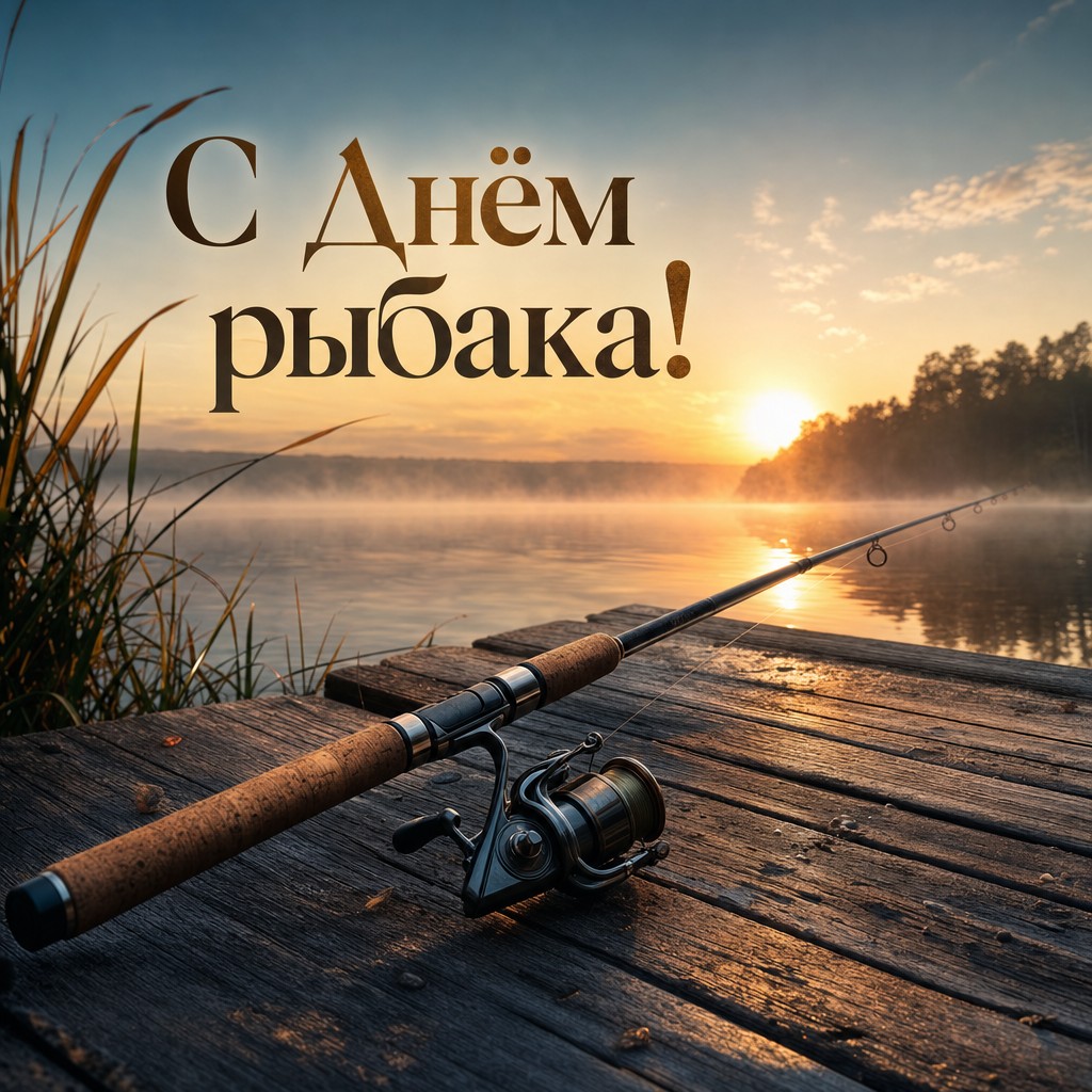 Премиальная открытка ко Дню рыбака с удочкой на причале, туманным озером и мягким рассветным светом.