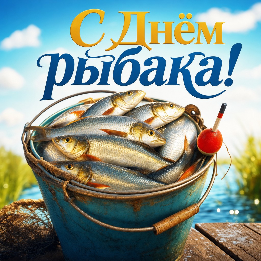 Жизнерадостная открытка ко Дню рыбака с ведром свежего улова, голубым фоном и яркими летними акцентами.