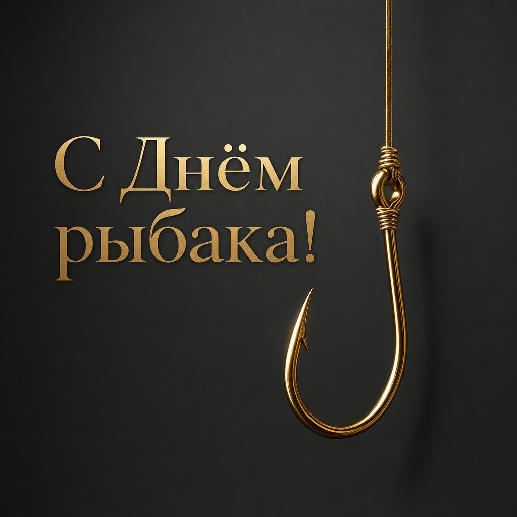 Стильная минималистичная открытка ко Дню рыбака с золотым крючком на матовом тёмном фоне.