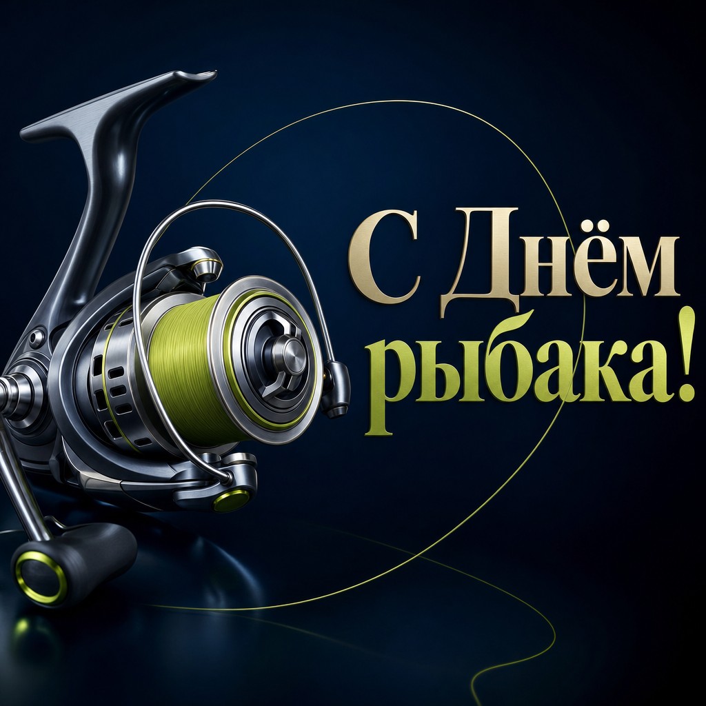 Динамичная 3D-открытка ко Дню рыбака со спиннинговой катушкой, металлом и стильным тёмным фоном.