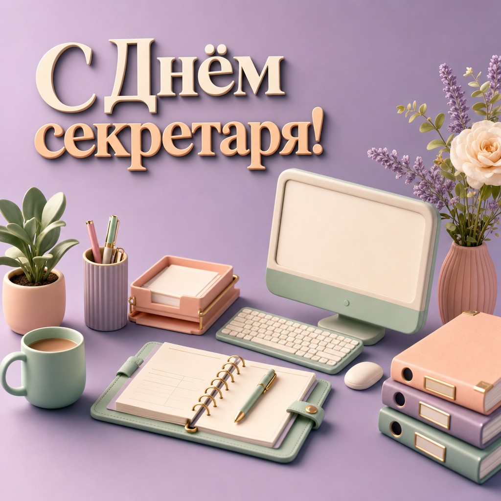 Милая 3D открытка на День секретаря с миниатюрным офисным столом, папками, монитором и кофе.