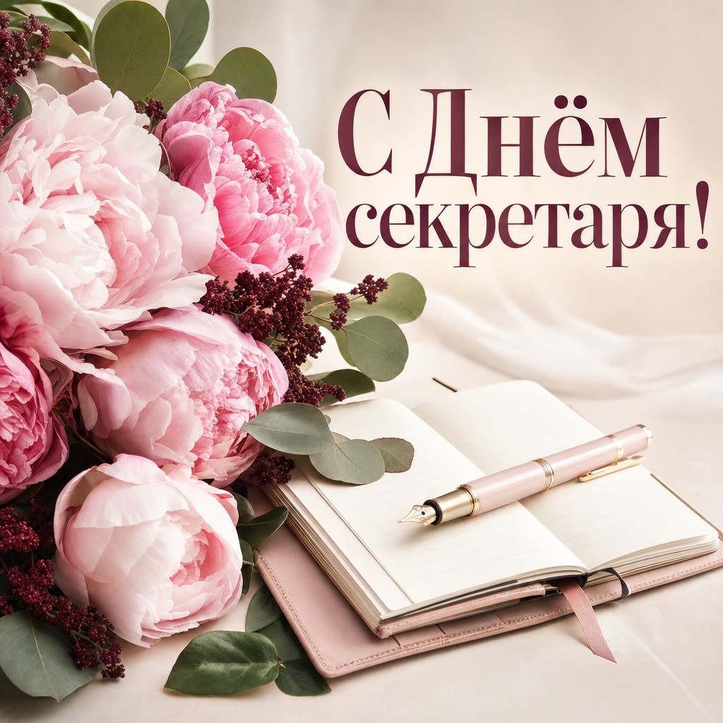 Нежная открытка на День секретаря с реалистичным букетом пионов, ежедневником и изящной ручкой.