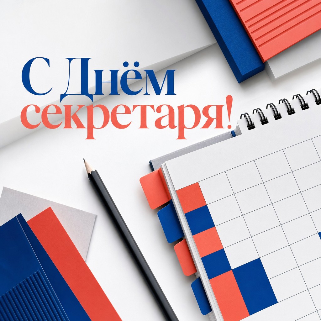 Современная открытка на День секретаря с календарём, закладками и лаконичной офисной графикой.
