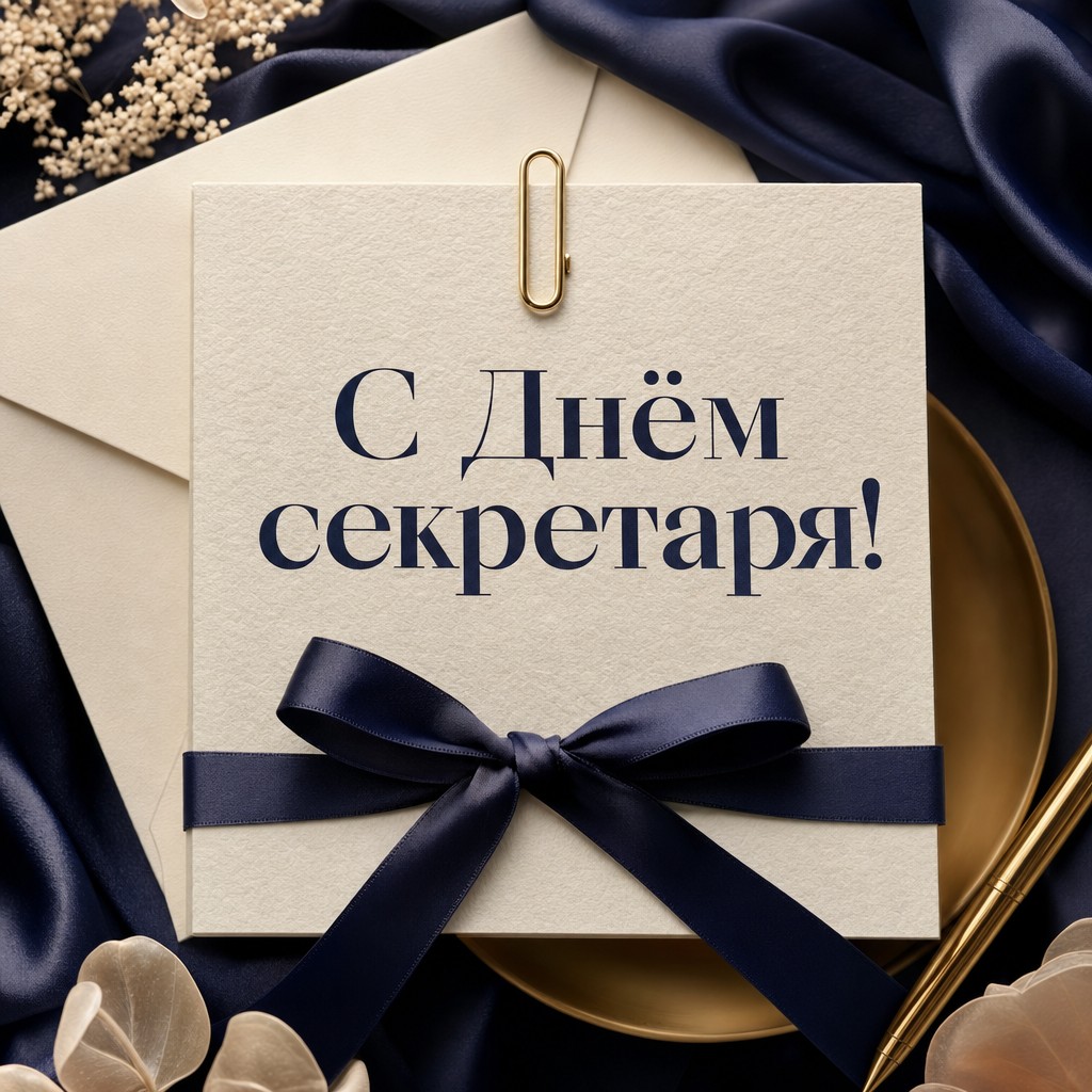 Элегантная открытка на День секретаря с айвори-конвертом, золотой скрепкой и премиальной канцелярией.