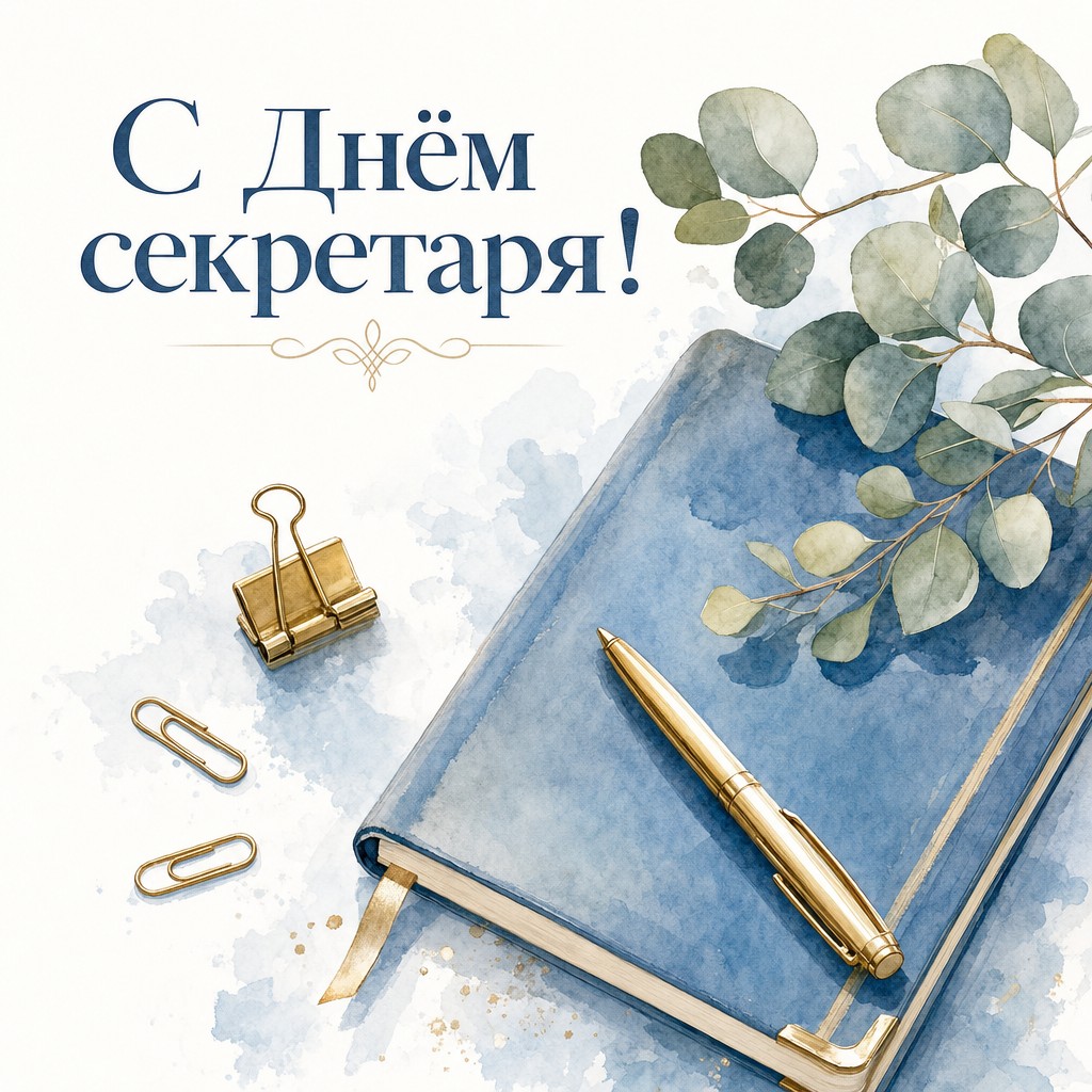 Лёгкая акварельная открытка на День секретаря с ручкой, блокнотом и нежной веточкой эвкалипта.