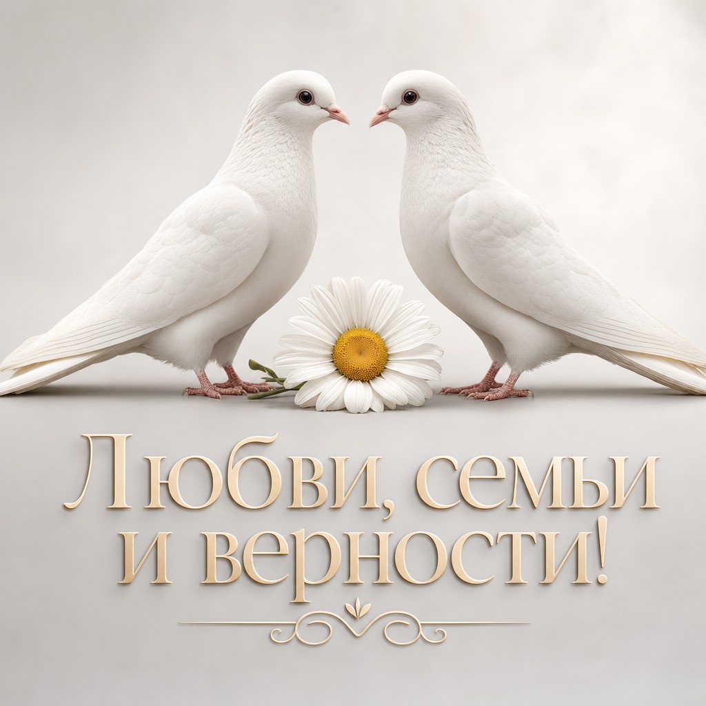 Минималистичная открытка с белыми голубями и ромашкой для Дня семьи, любви и верности.