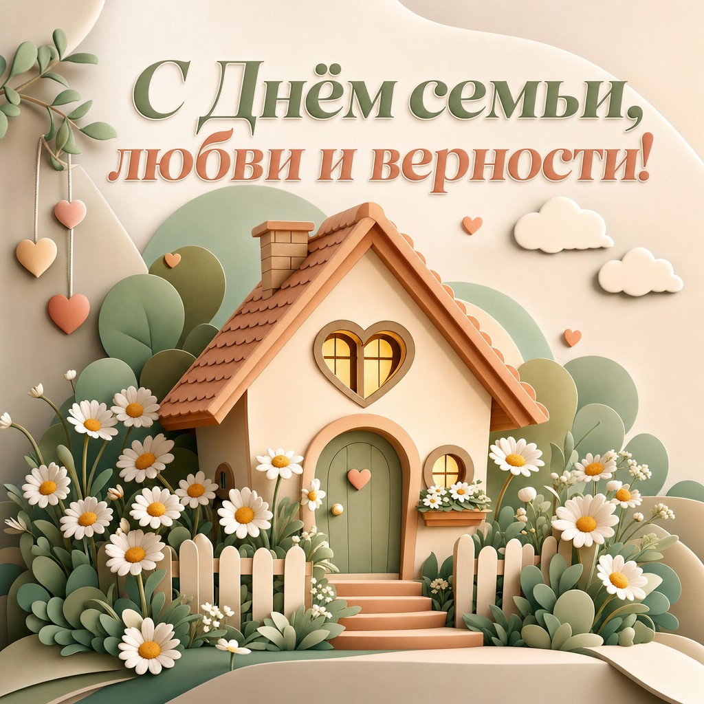 Современная 3D-открытка с уютным домиком, сердцем и ромашками для праздника семьи.