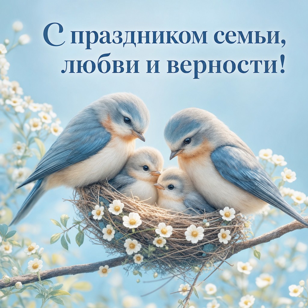 Милая пастельная открытка с птичьей семьёй в гнезде для праздника семьи, любви и верности.