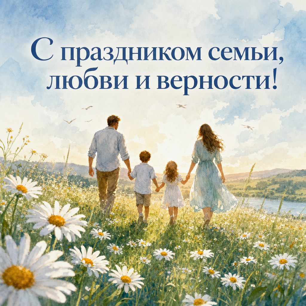 Светлая акварельная открытка с семьёй на ромашковом лугу для Дня семьи, любви и верности.