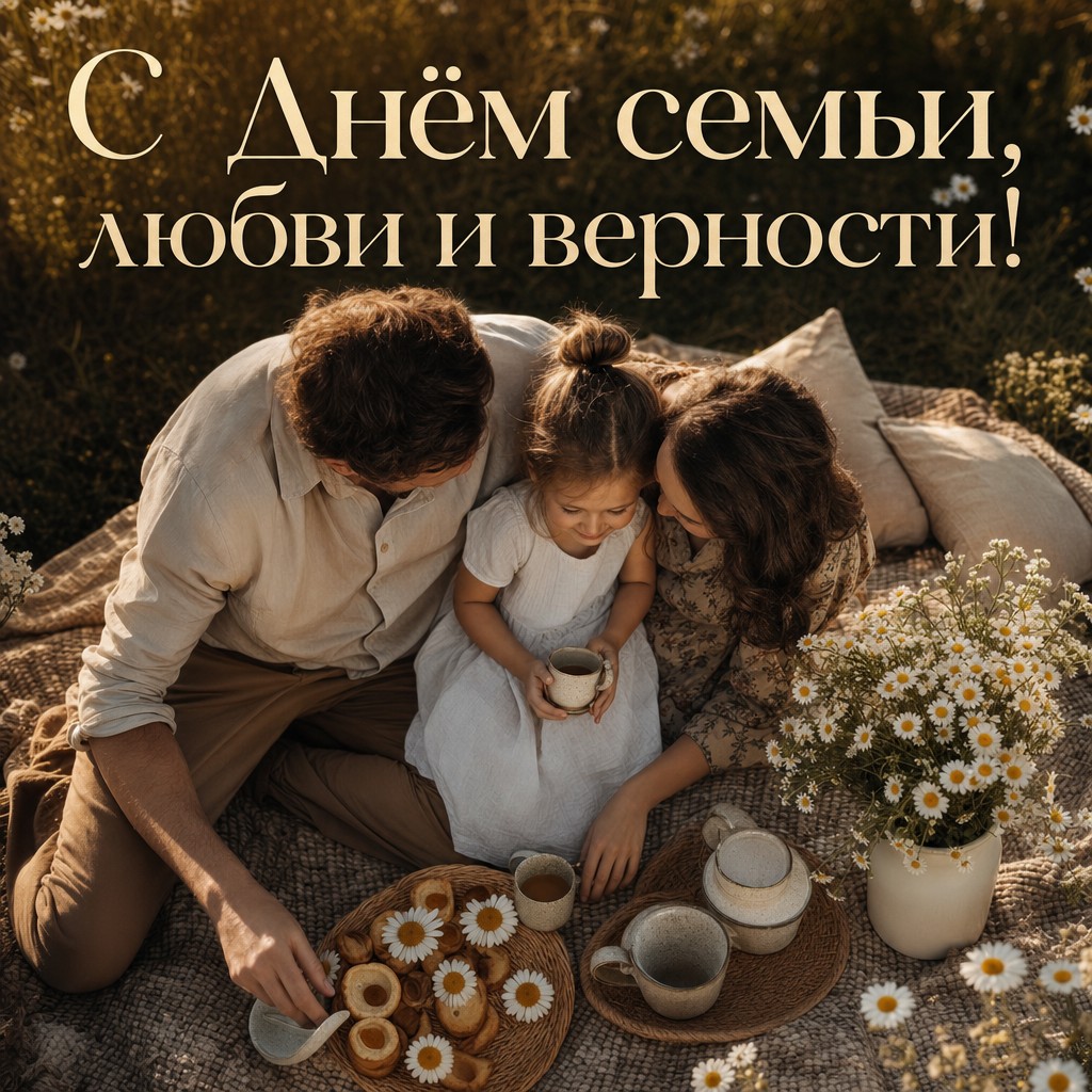 Уютная открытка с семейным пикником и ромашками для поздравления с Днём семьи, любви и верности.