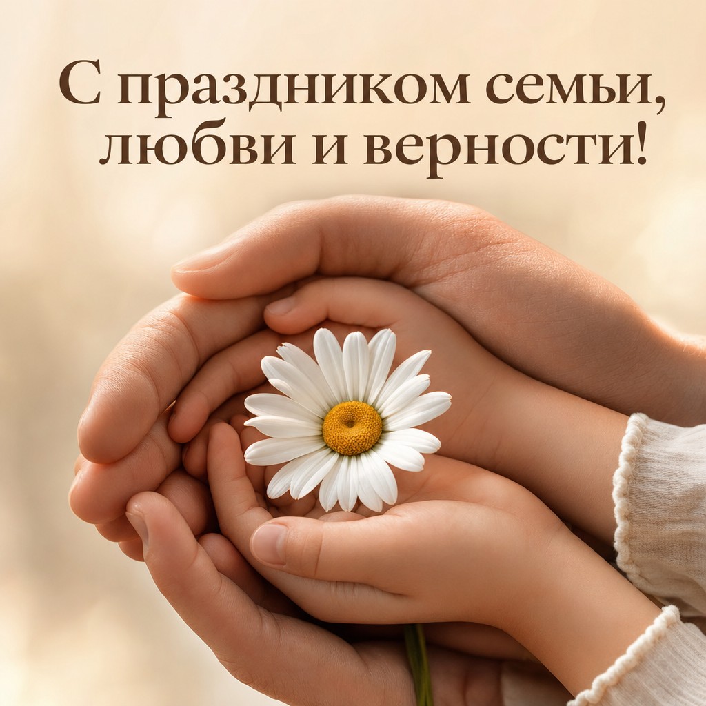 Трогательная открытка с семейными руками и ромашкой для поздравления с Днём семьи, любви и верности.