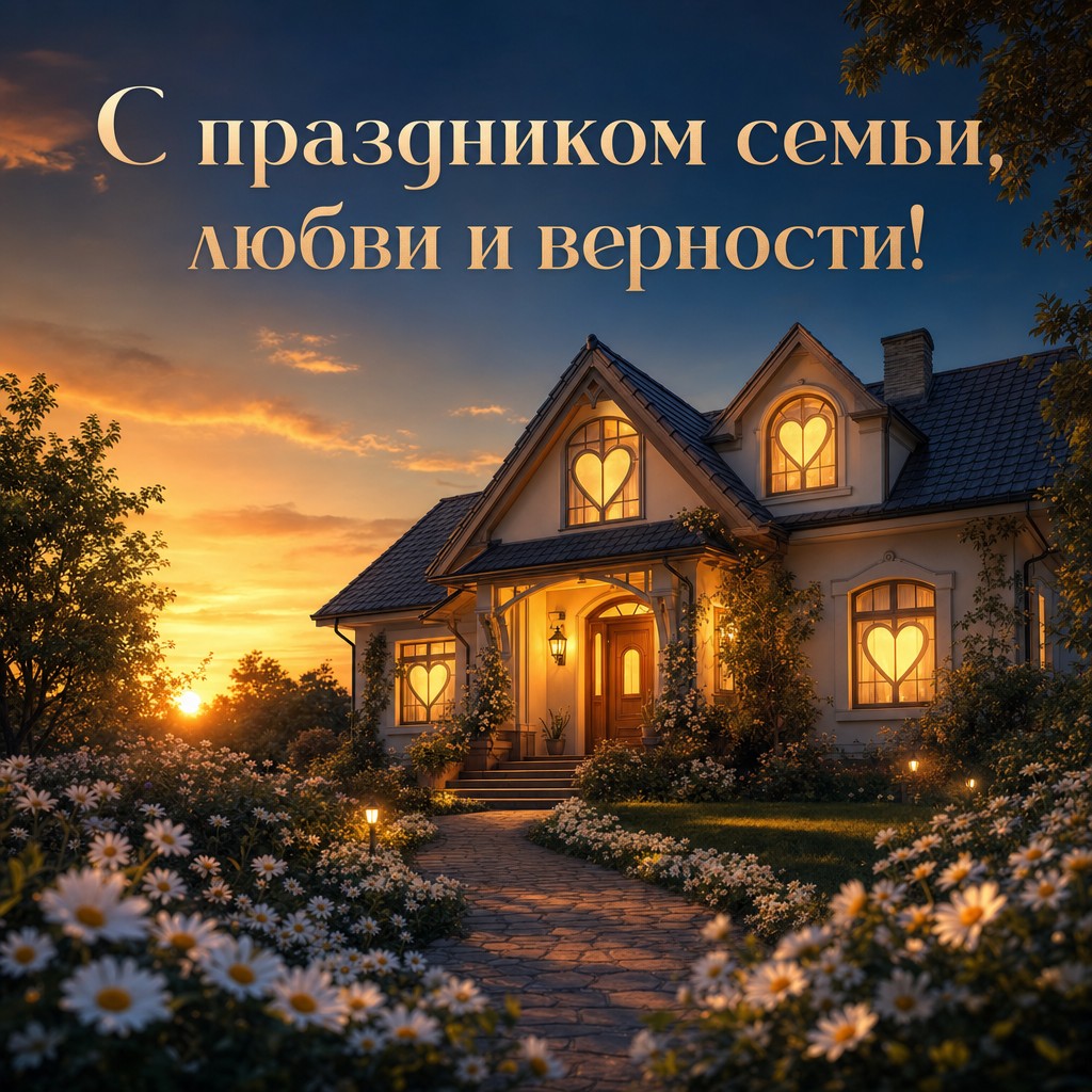 Тёплая открытка с уютным домом на закате для поздравления с Днём семьи, любви и верности.