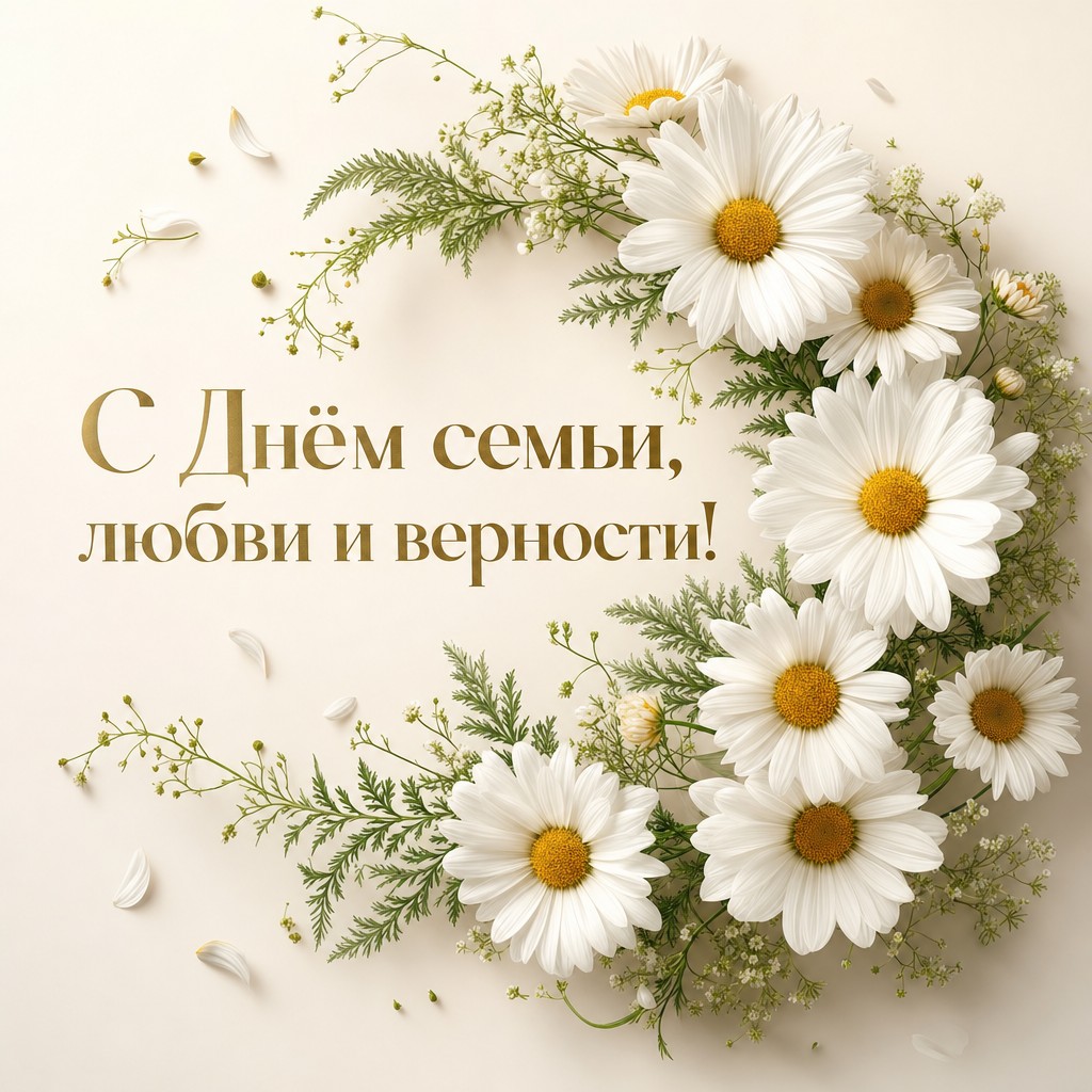 Элегантная цветочная открытка с венком из ромашек для поздравления с праздником семьи и любви.