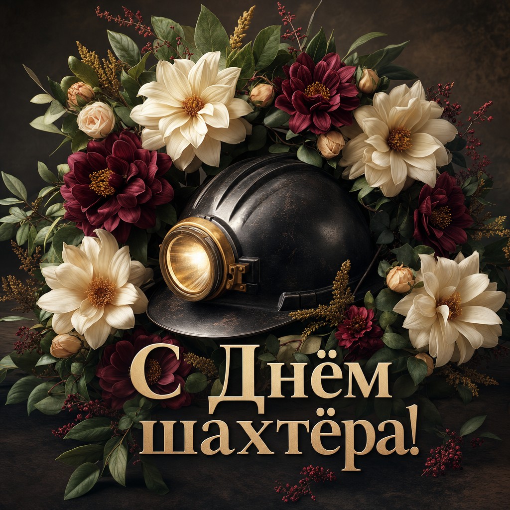 Элегантная открытка на День шахтёра с цветочным венком и шахтёрской каской.