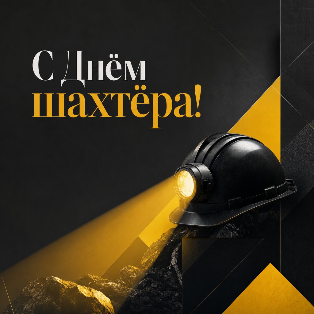 Современная открытка на День шахтёра с лаконичной каской и ярким лучом фонаря.