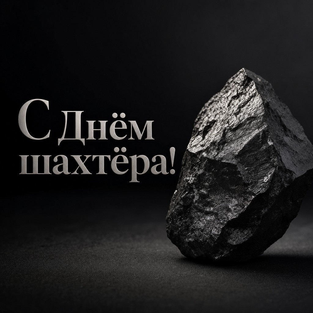 Минималистичная открытка на День шахтёра с выразительным куском угля на тёмном фоне.