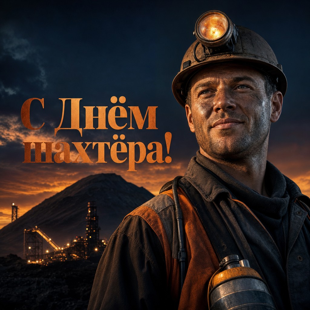 Достойная открытка на День шахтёра с выразительным портретом шахтёра в цифровом арт-стиле.