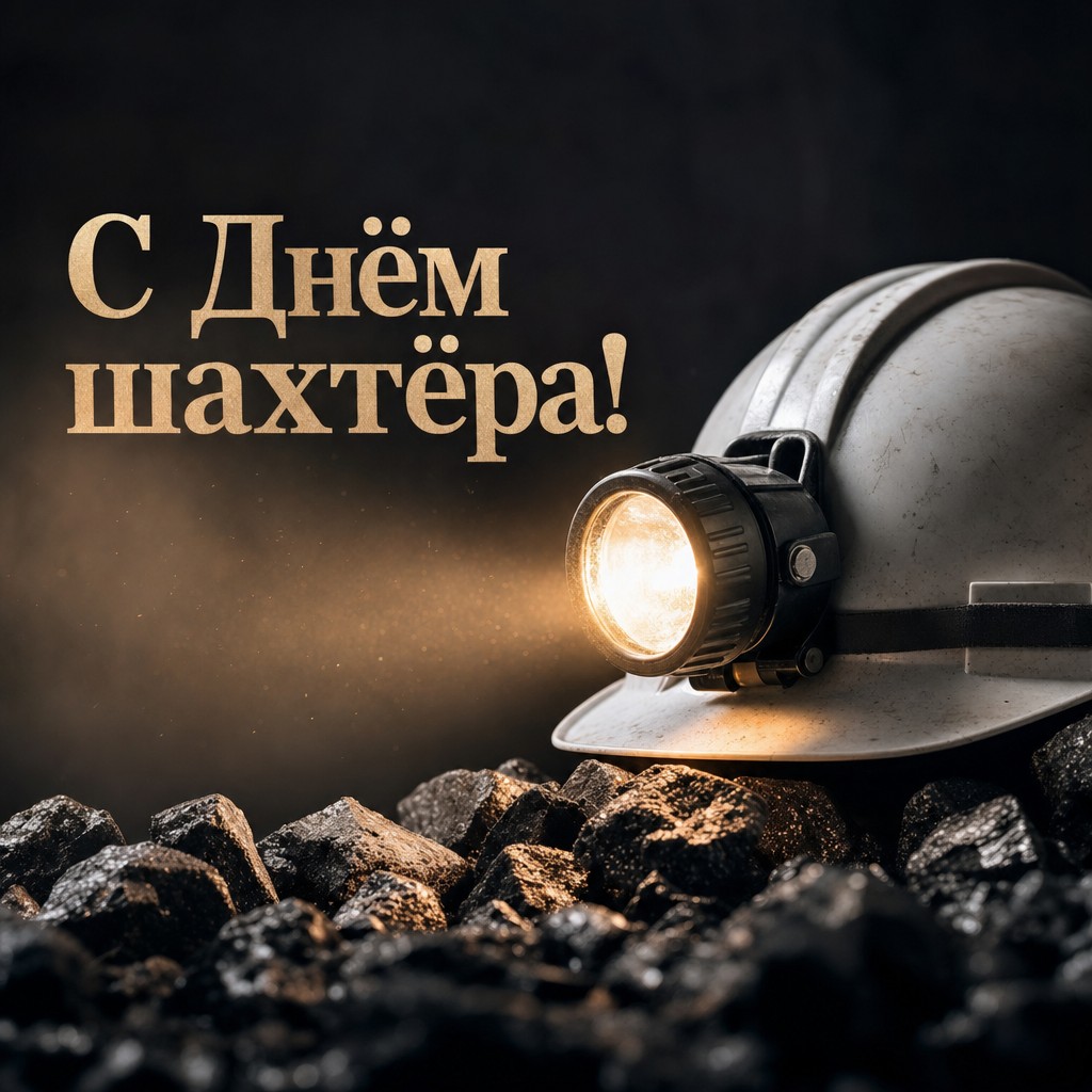 Премиальная открытка на День шахтёра с каской, фонарём и углём в выразительном тёмном стиле.