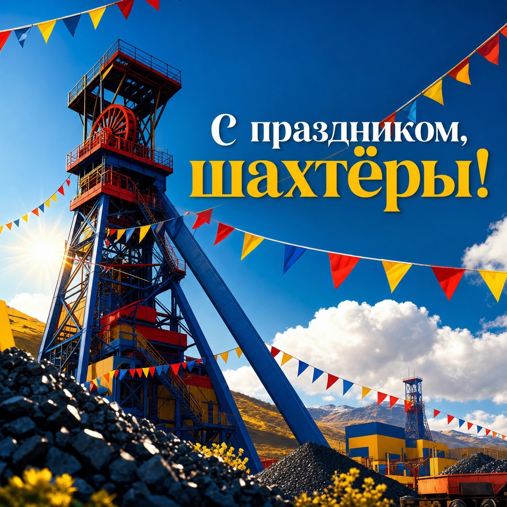 Яркая открытка на День шахтёра с шахтной башней, флажками и праздничным настроением.