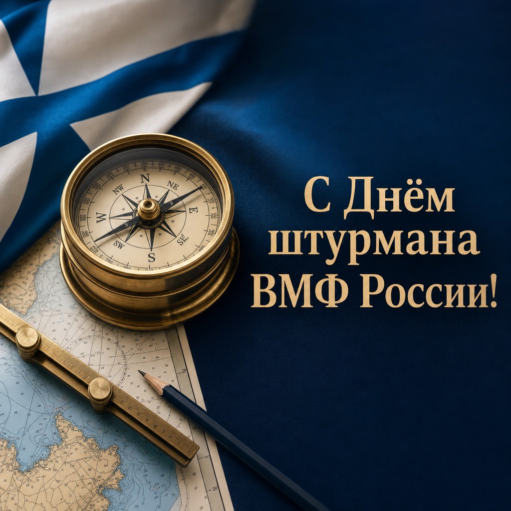 Стильная открытка ко Дню штурмана ВМФ России с морским компасом, картой и атмосферой точного курса.