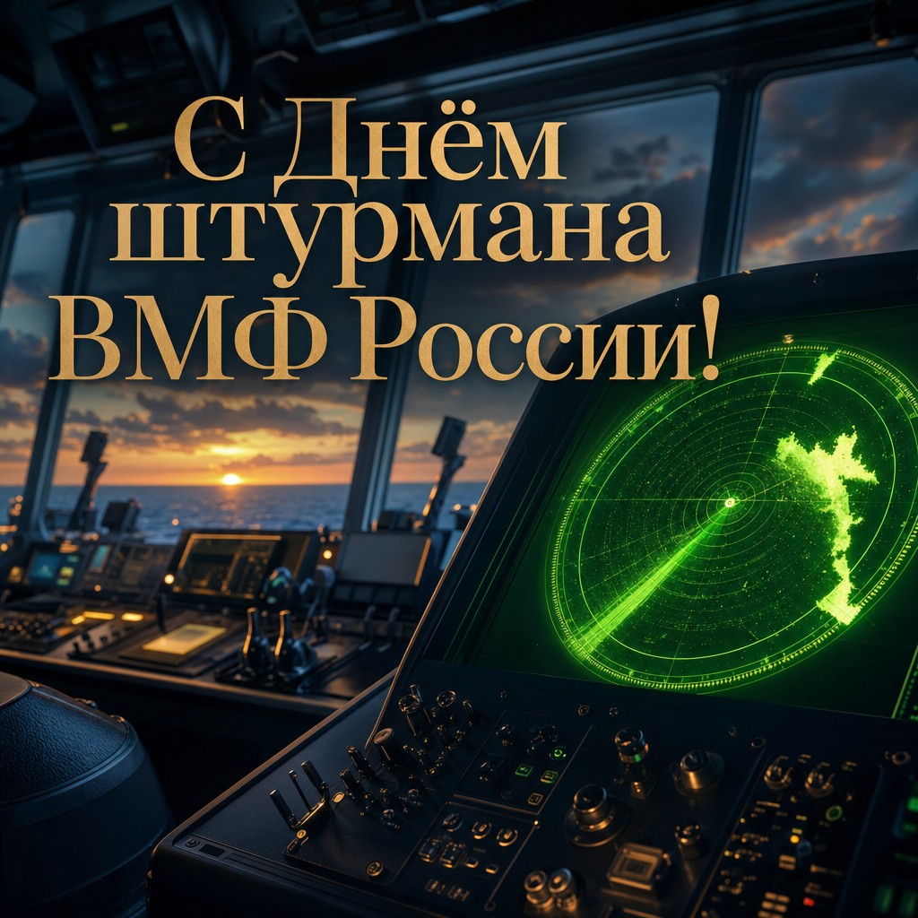 Эффектная открытка ко Дню штурмана ВМФ России с навигационным радаром и атмосферой корабельного мостика.