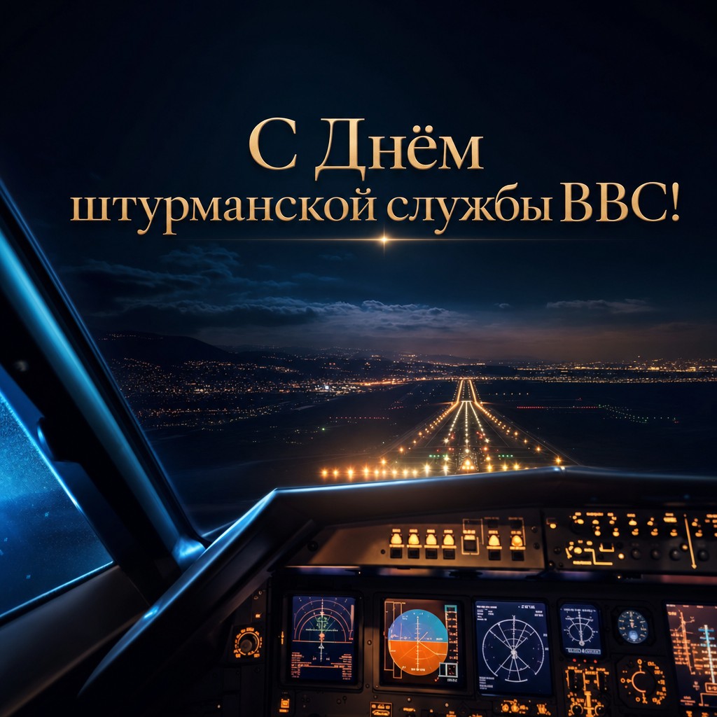 Атмосферная открытка ко Дню штурманской службы ВВС России с ночной кабиной самолёта и огнями полосы.