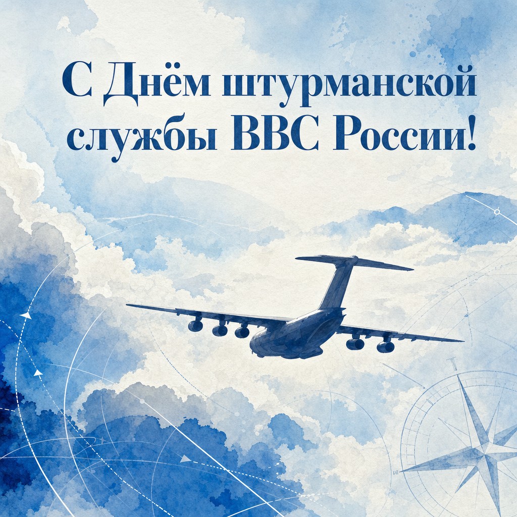 Нежная акварельная открытка ко Дню штурманской службы ВВС России с самолётом, облаками и линиями маршрута.