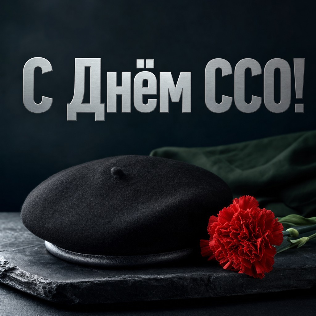 Строгая премиальная открытка ко Дню ССО с чёрным беретом и красной гвоздикой на тёмном фоне.