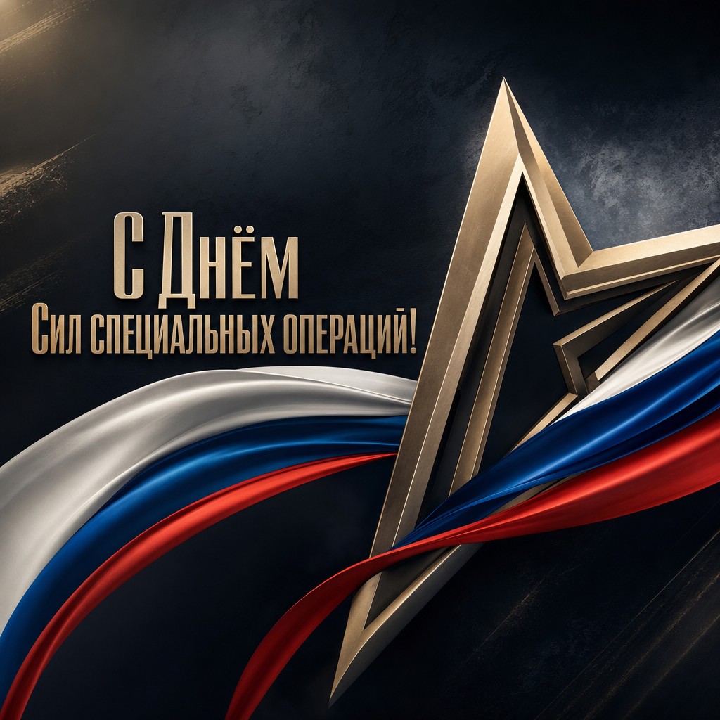 Современная графичная открытка ко Дню ССО с геометрической звездой и лентами триколора.
