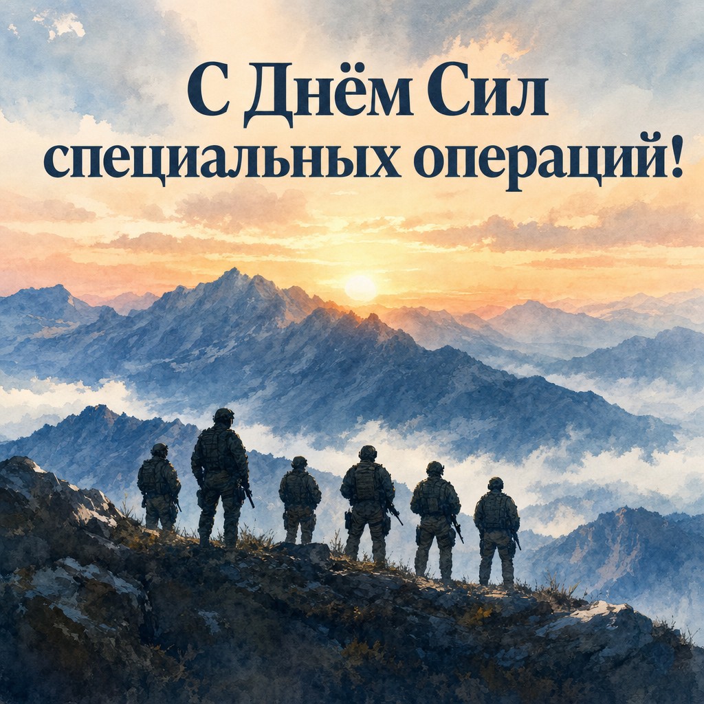 Акварельная открытка ко Дню ССО с горным рассветом, мягким небом и силуэтами бойцов.