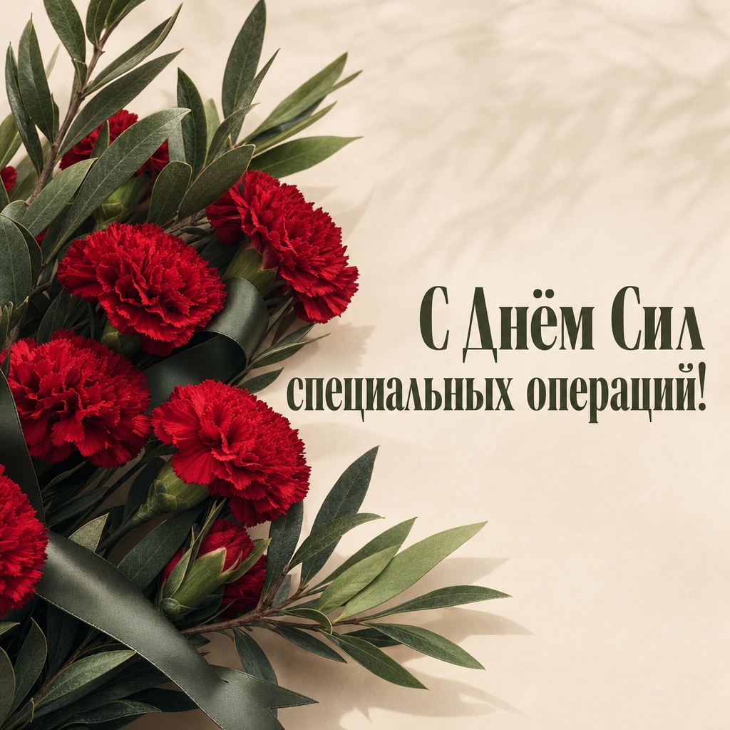Элегантная цветочная открытка ко Дню ССО с красными гвоздиками, лавровыми ветвями и спокойным светлым фоном.