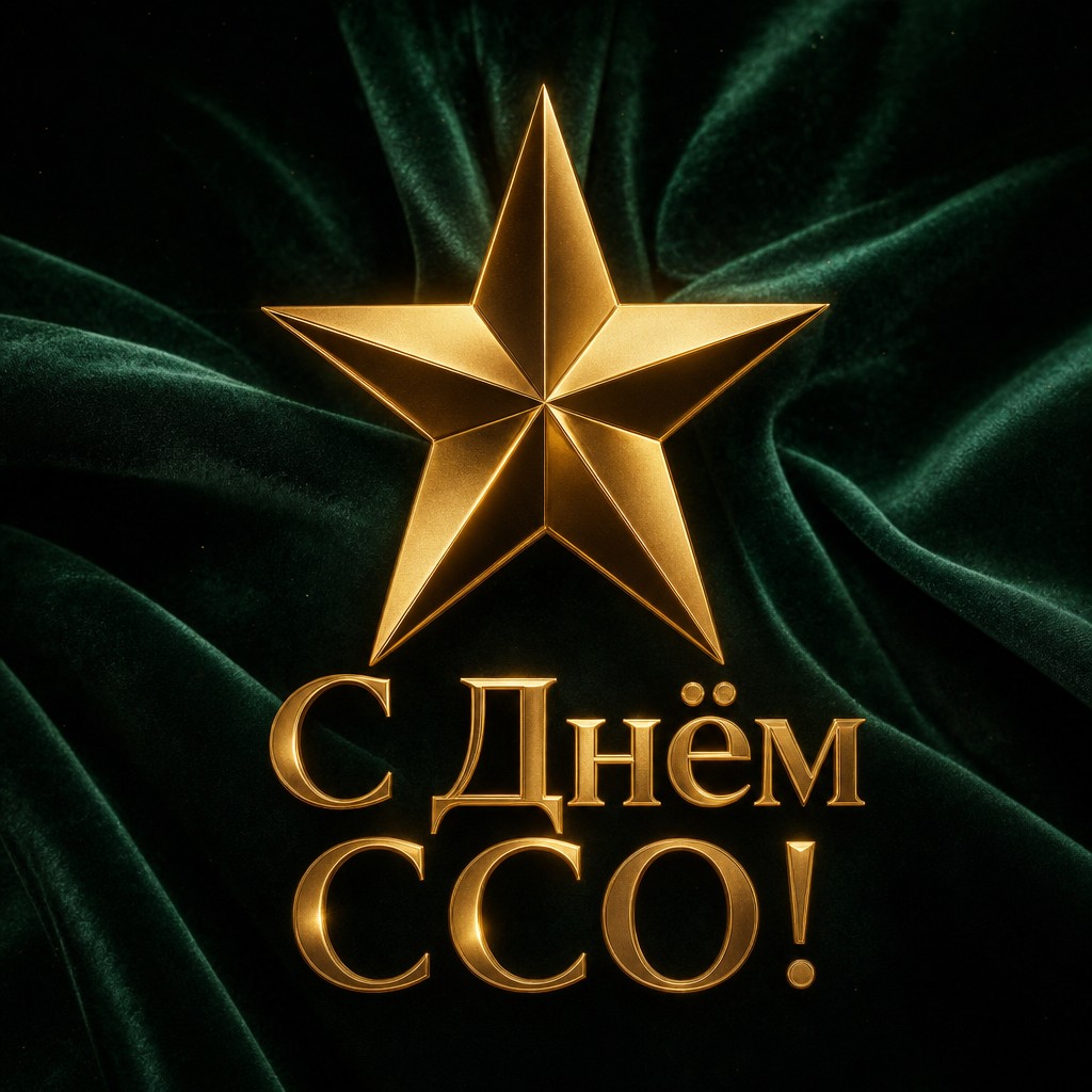 Премиальная открытка ко Дню ССО с золотой звездой, изумрудным бархатом и торжественным настроением.