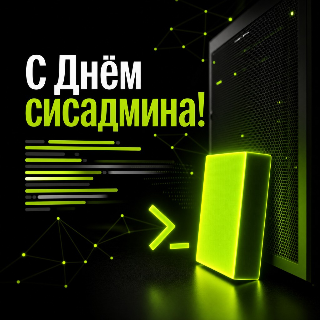 Лаконичная айти-открытка ко Дню системного администратора с терминальным курсором и контрастной графикой.