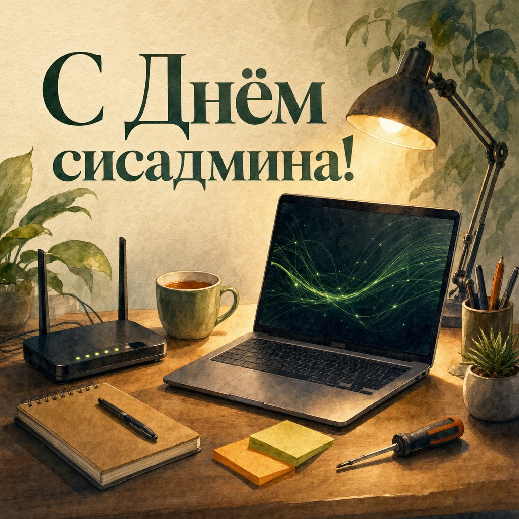 Уютная акварельная открытка ко Дню системного администратора с рабочим столом, ноутбуком и роутером.