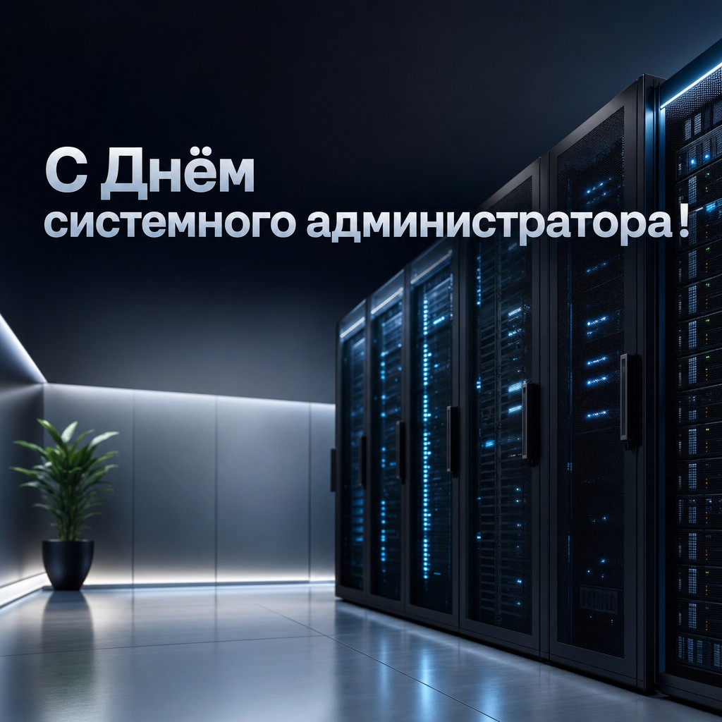 Стильная открытка ко Дню системного администратора с серверной стойкой, холодным светом и премиальной атмосферой.