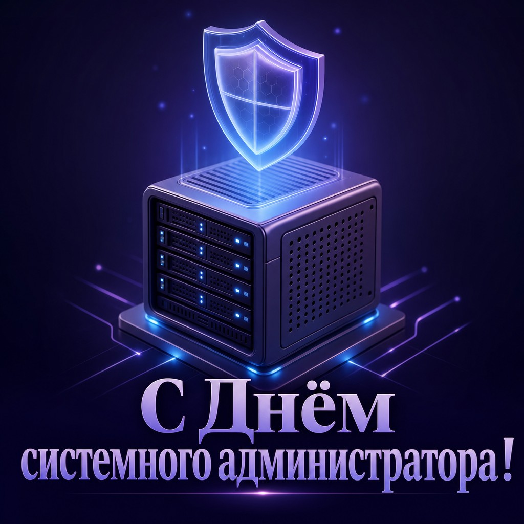 Эффектная 3D-открытка для сисадмина с сервером, защитным щитом и синим свечением.
