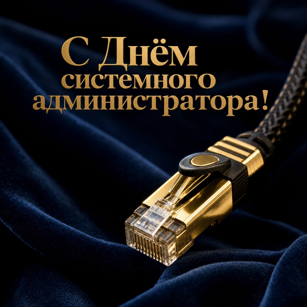 Премиальная открытка для сисадмина с золотым ethernet-коннектором, бархатным фоном и дорогим настроением.