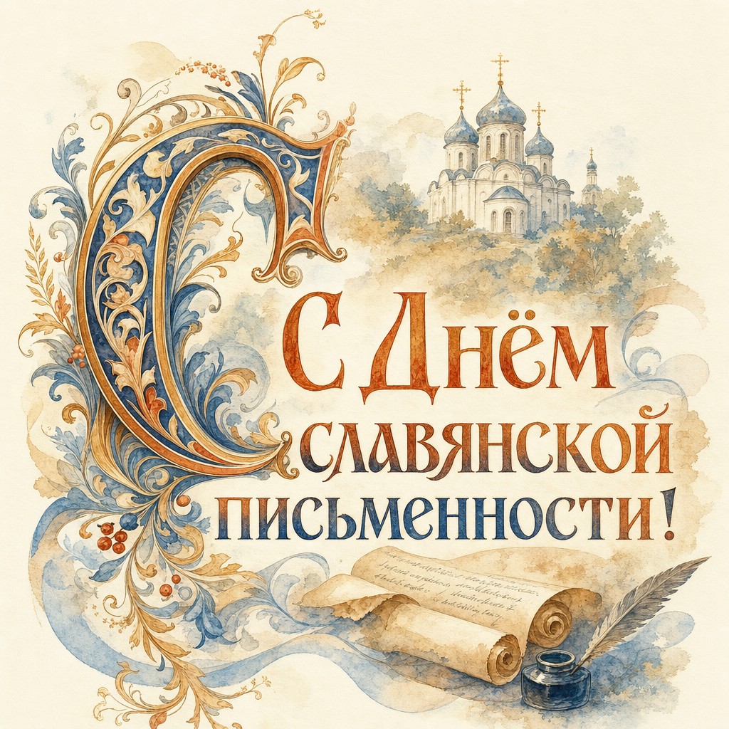 Нежная акварельная открытка с декоративной буквицей ко Дню славянской письменности и культуры.
