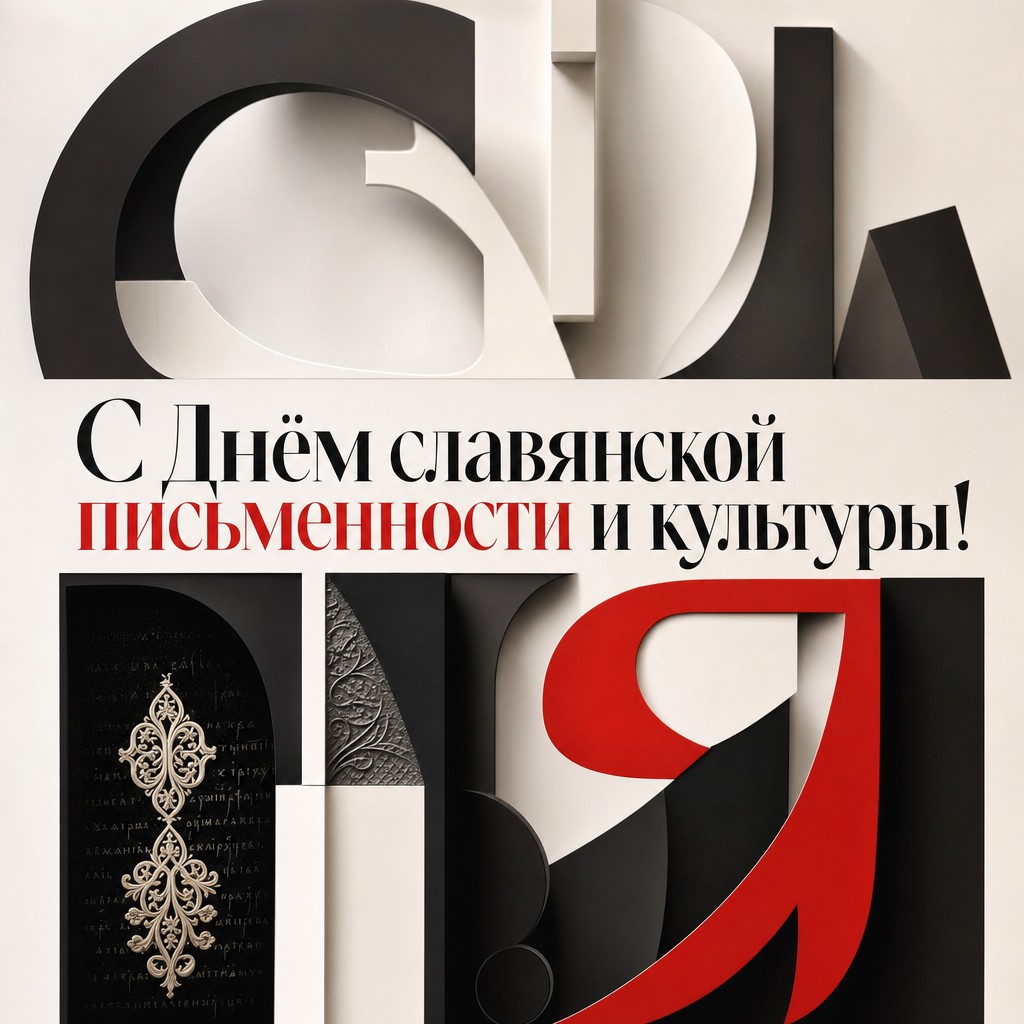 Стильная открытка с графическими формами кириллицы для Дня славянской письменности и культуры.