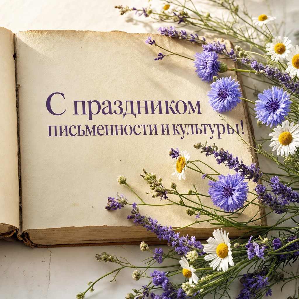 Светлая открытка ко Дню славянской письменности и культуры с книгой и полевыми цветами.