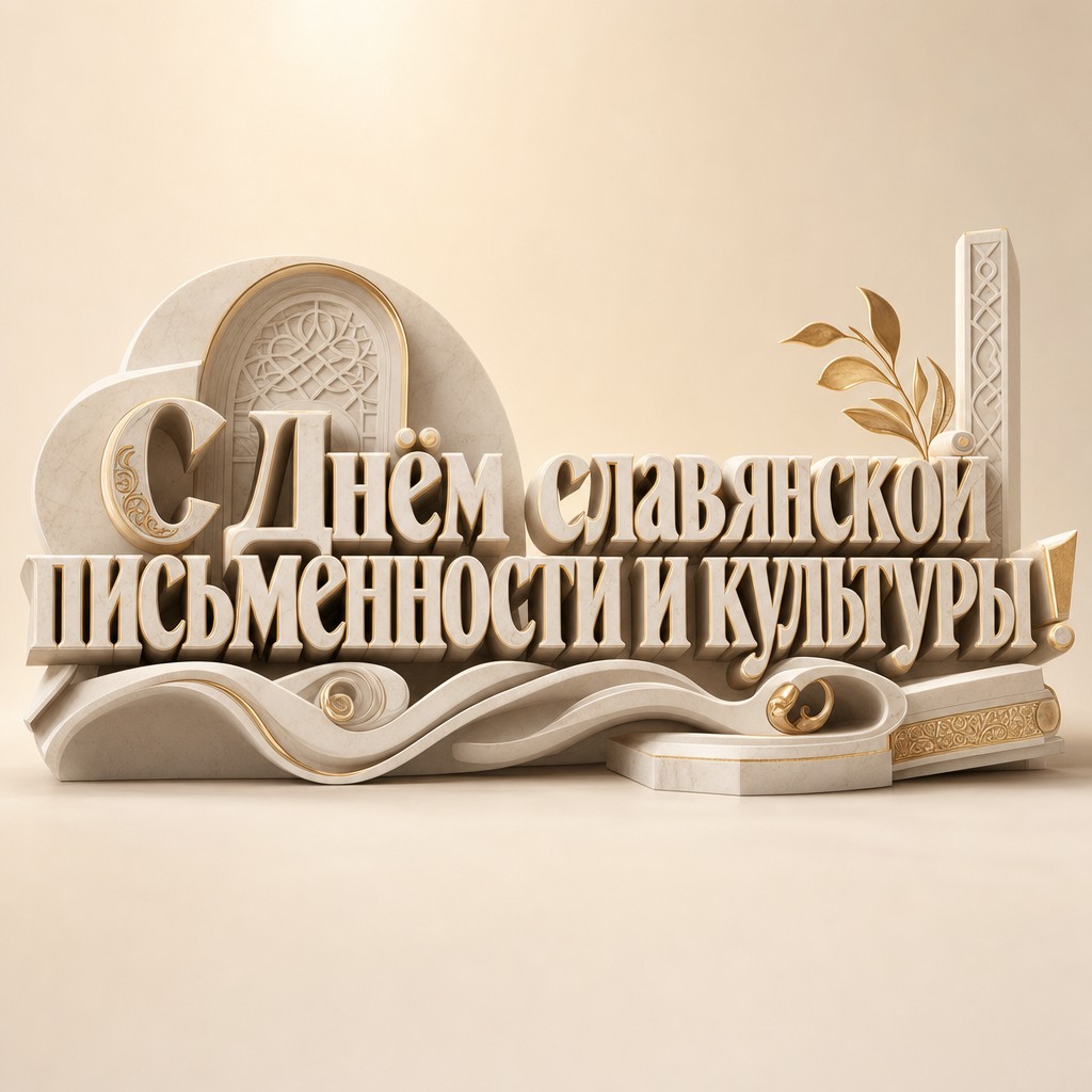Премиальная открытка ко Дню славянской письменности и культуры с объёмными буквами кириллицы.