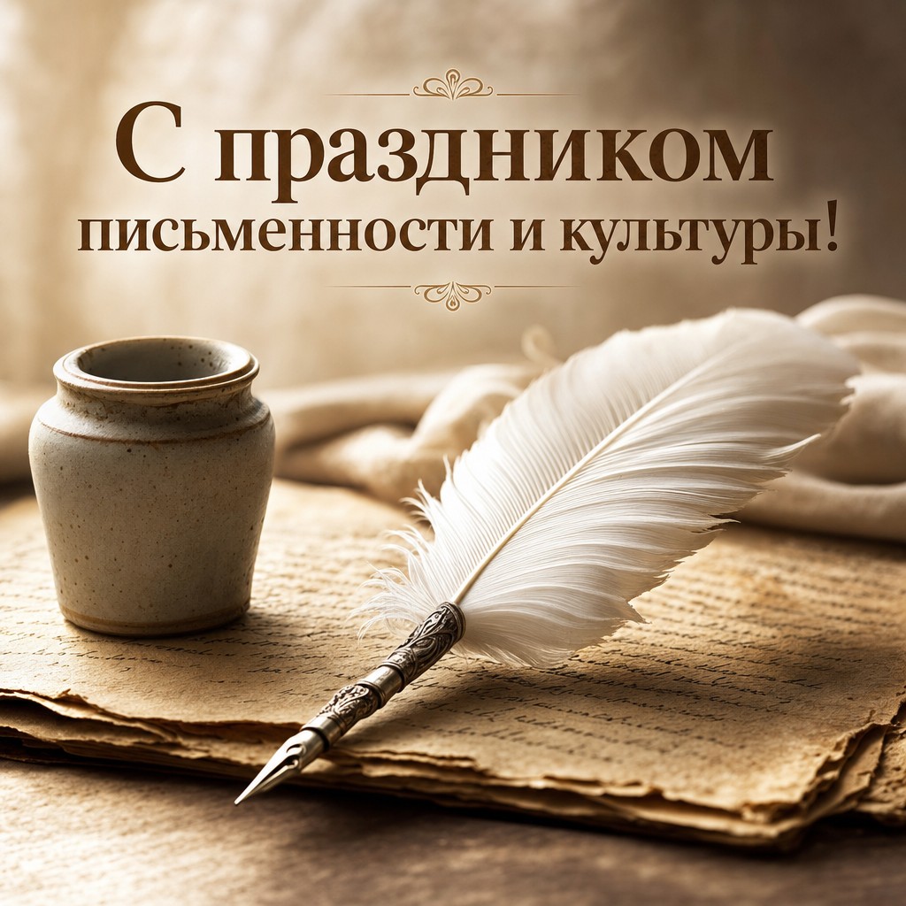 Тёплая открытка к празднику письменности и культуры с пером, рукописью и чернильницей.