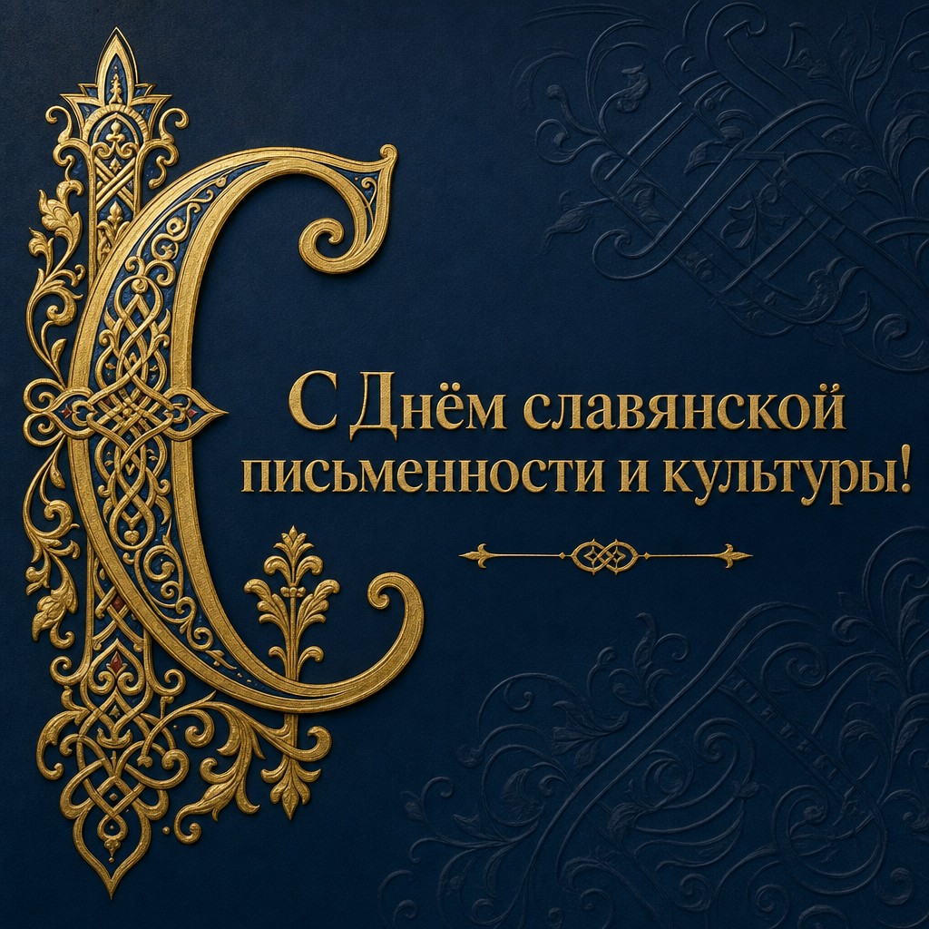 Элегантная праздничная открытка с золотой буквицей и тёмно-синим фоном.